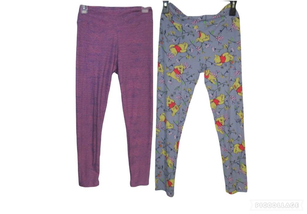 Pair of LuLaRoe Purple Pooh Bear and striped leggings